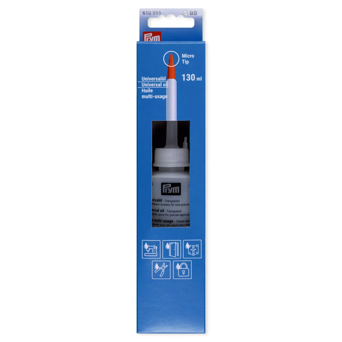 Prym Universal Oil 130 ml transparent lubricant with micro tip.