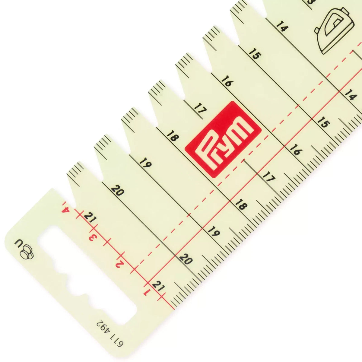Prym transparent ironing hand gauge with centimeter scale and markings.