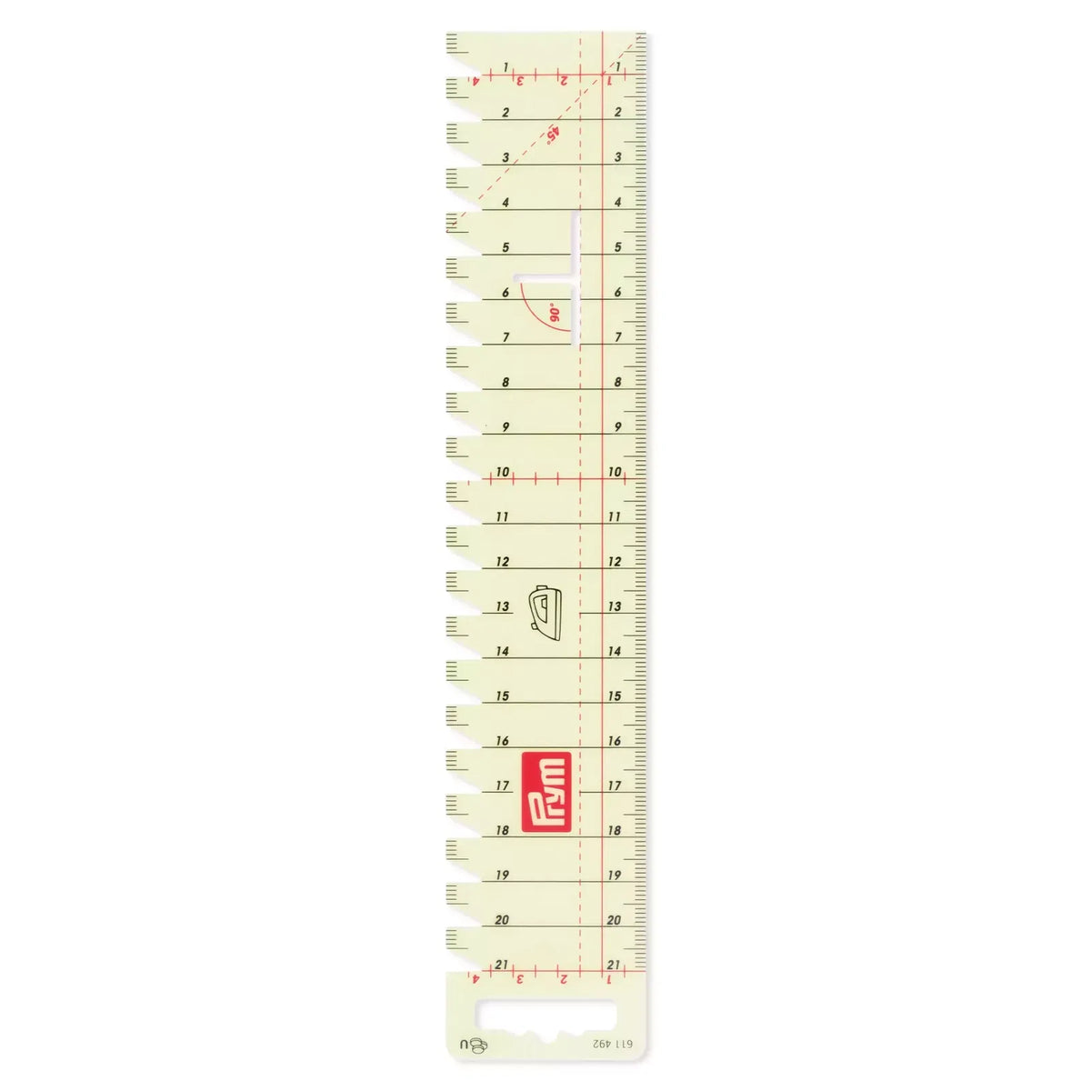 Prym transparent ironing hand gauge with centimeter scale and angle markings.