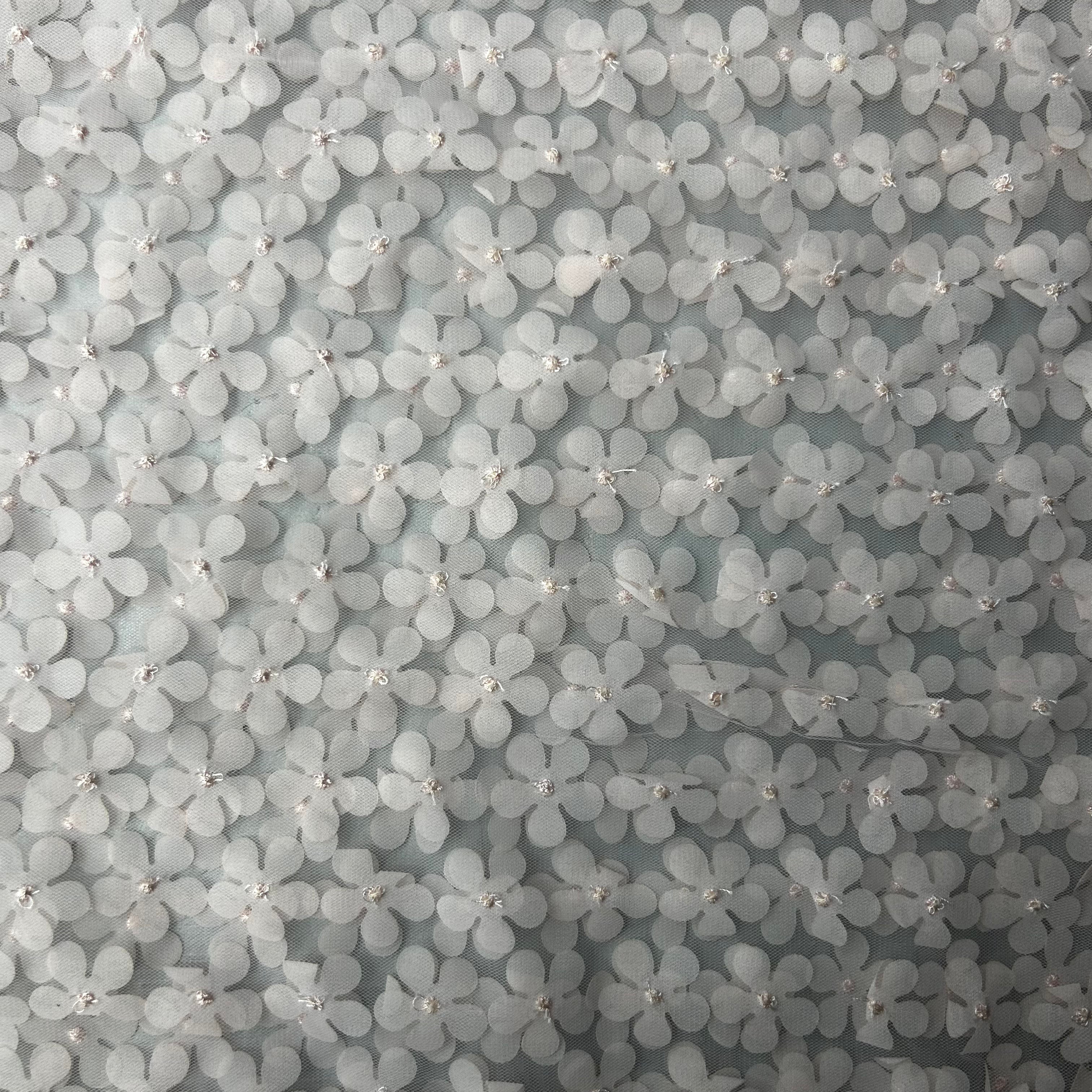 Close-up of a textured gray fabric with small floral patterns.