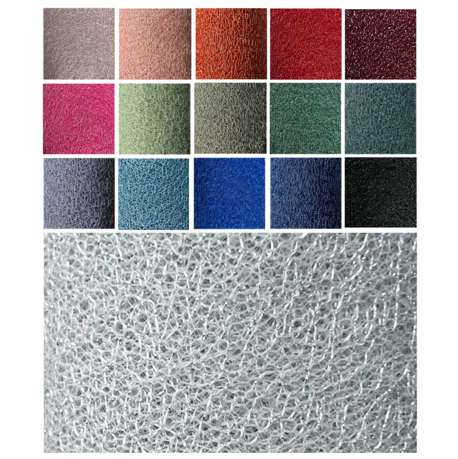 Color swatches of textured materials arranged in a grid with a close-up of a textured surface below.