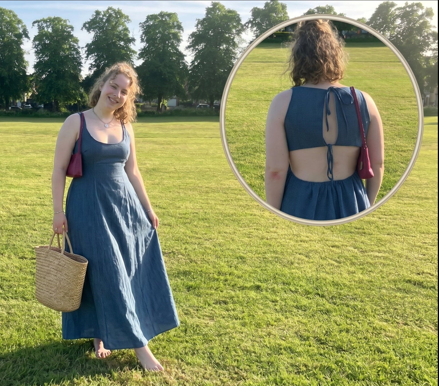Woman in a blue dress standing in a grassy field with a close-up inset of the dress's back.