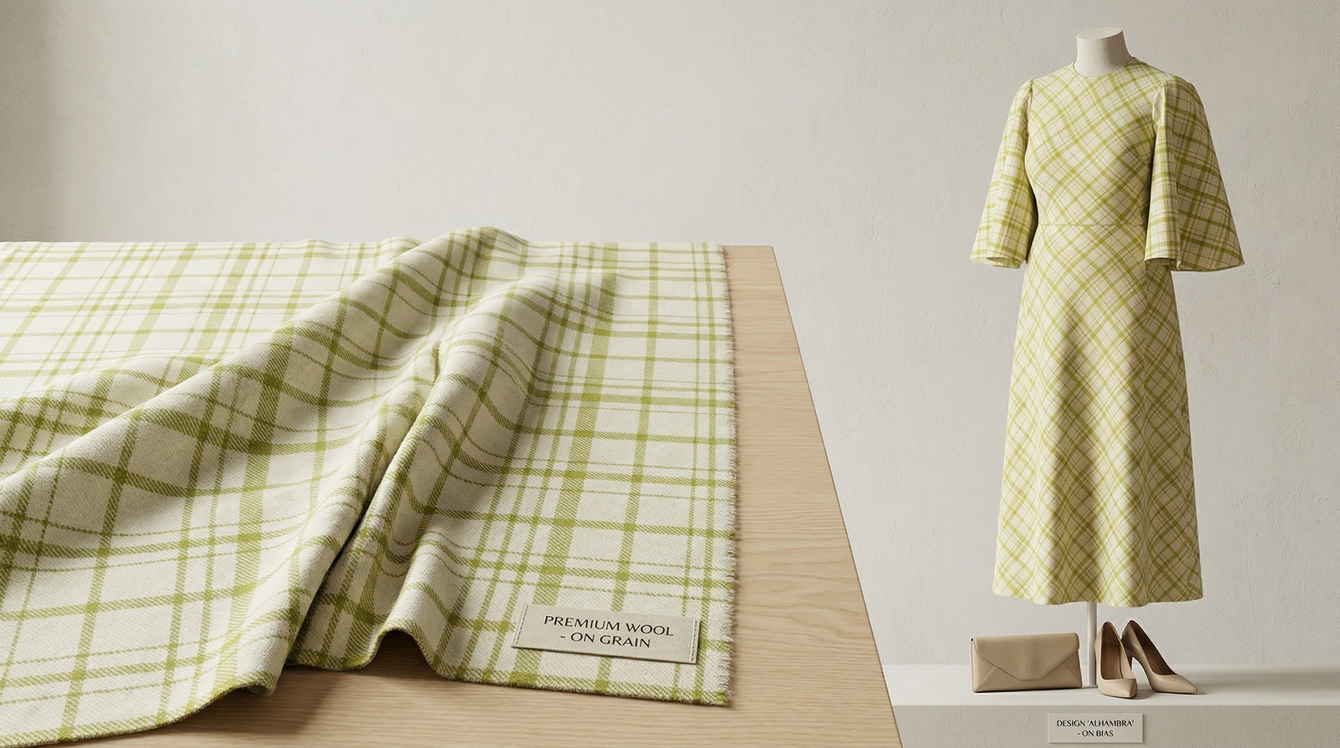 Chartreuse green checked virgin wool fabric draped on a table next to a matching dress on a mannequin