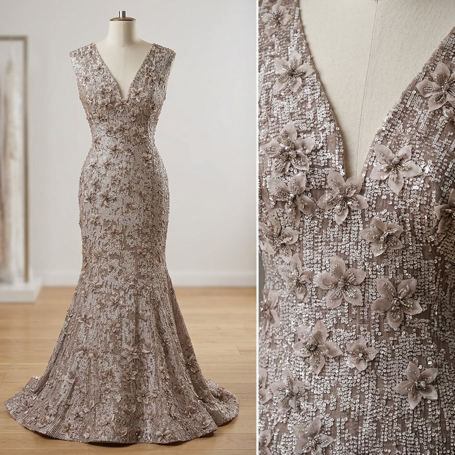 Elegant evening gown with floral embellishments on a mannequin made from pink sequin chiffon