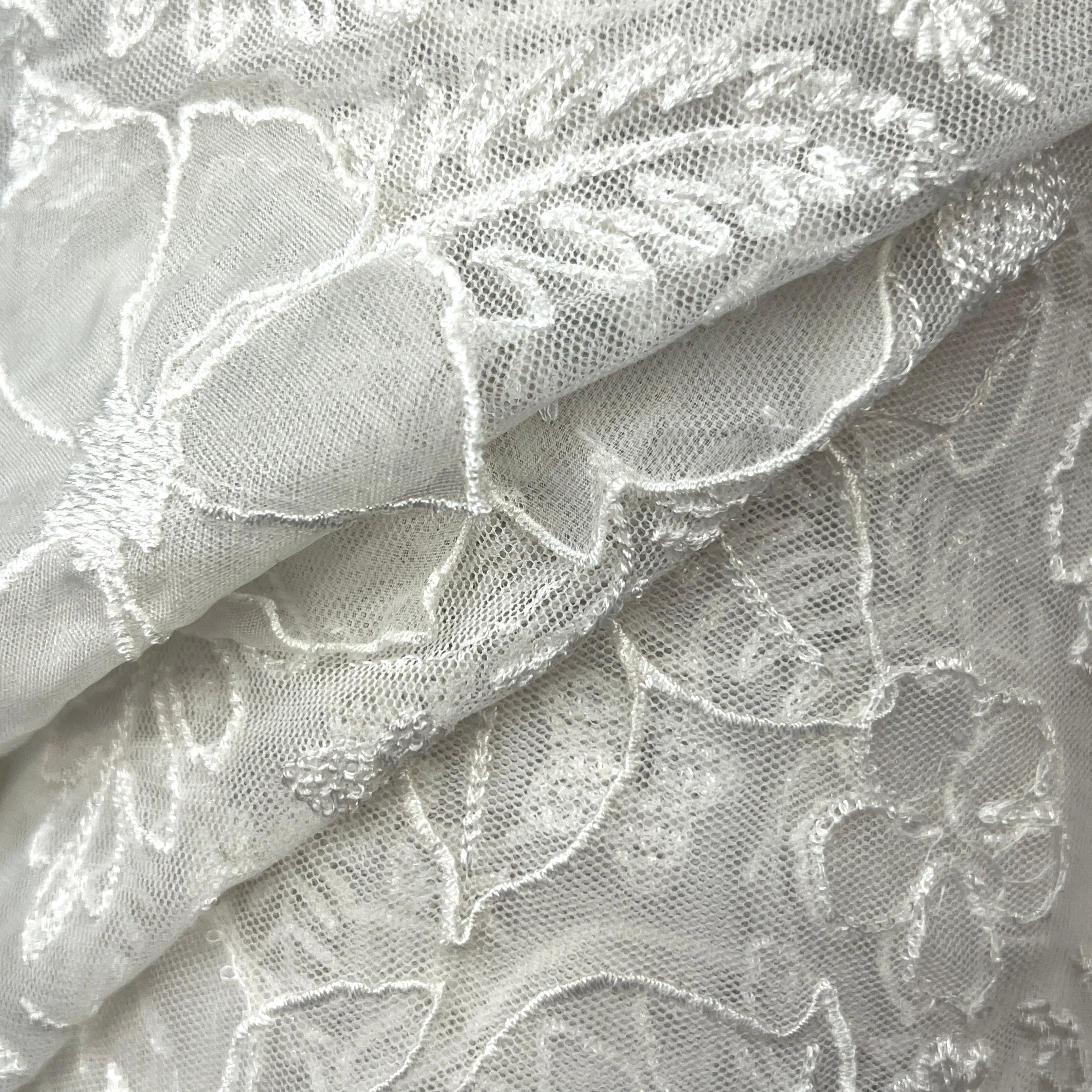 Close-up of floral lace fabric with intricate patterns.