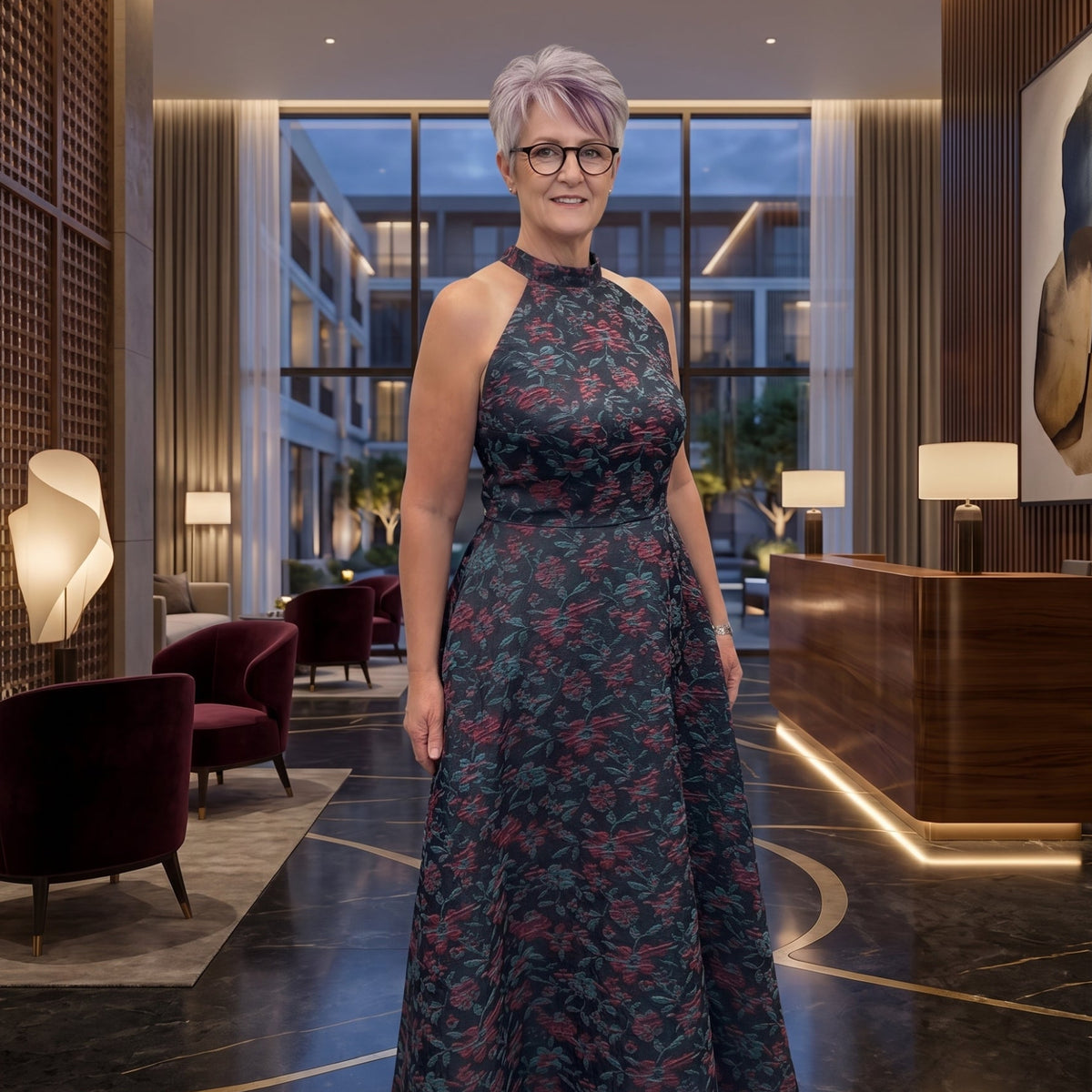 A woman with short gray hair and glasses stands in a luxurious hotel lobby wearing a sleeveless, high-neck floor-length gown with a dark teal and red floral pattern.
