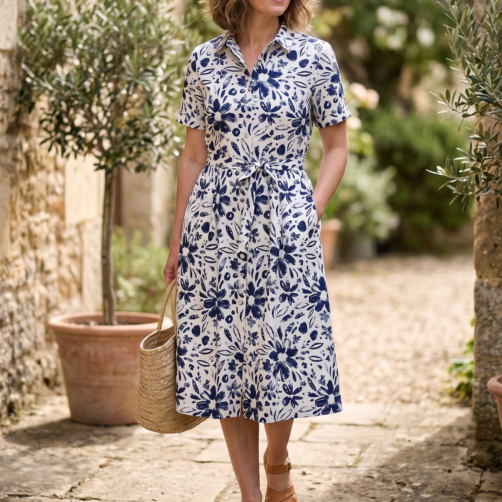 Woman in a blue floral dress standing in an outdoor setting with stone walls and potted plants.