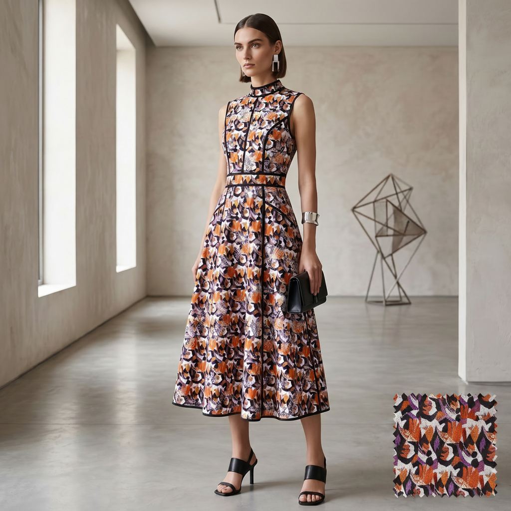 Woman in a floral dress standing in a modern room with geometric sculpture.