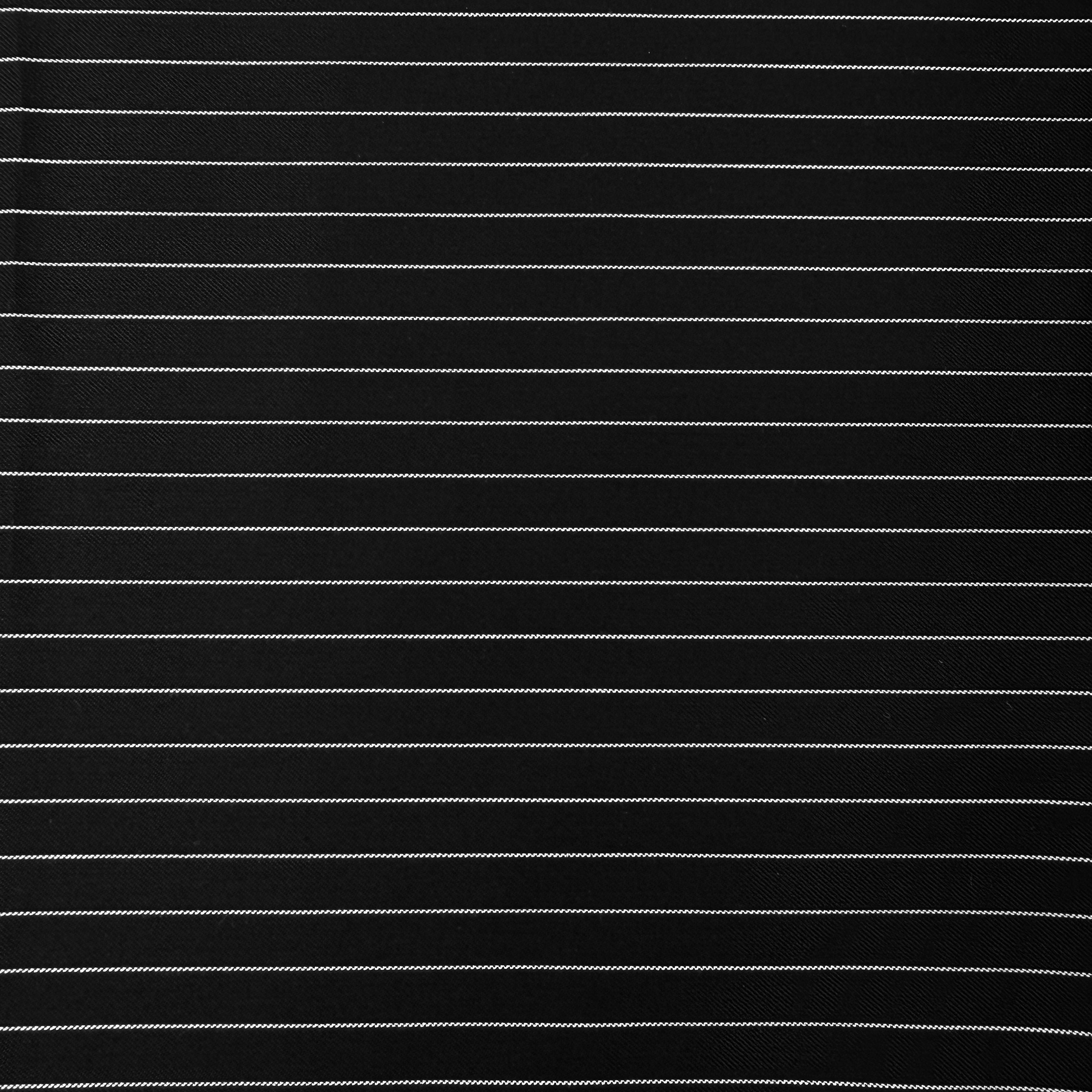 Black fabric with thin, evenly spaced horizontal white pinstripes.