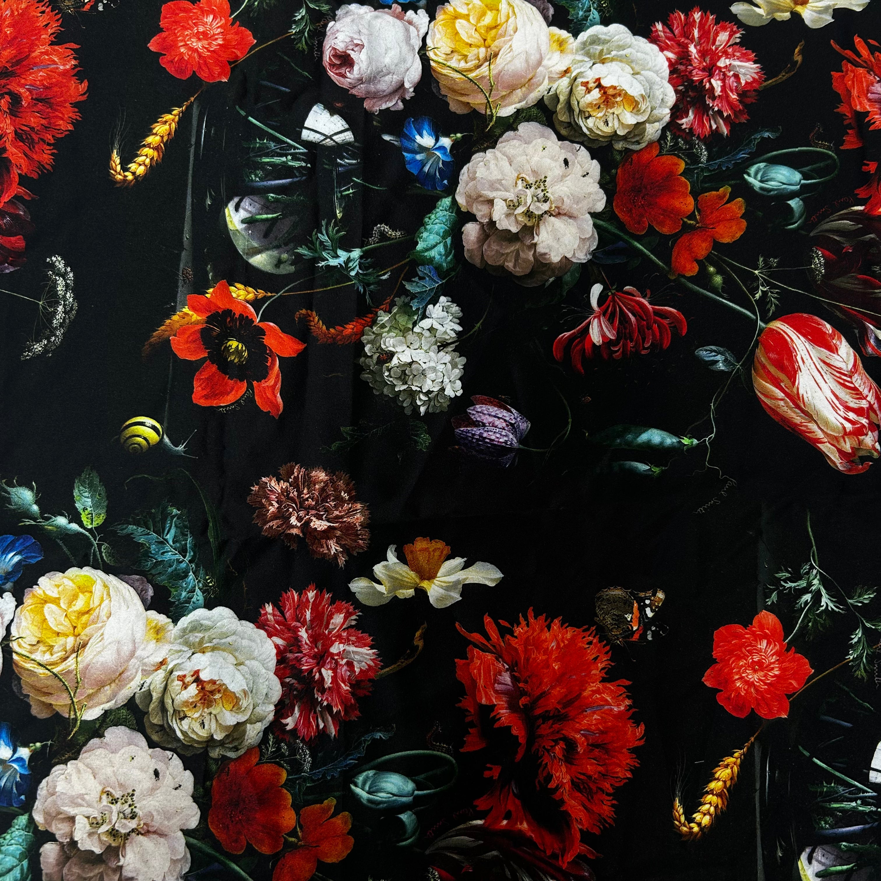 Black Floral Printed Polyester Satin Fabric | SALEXML045