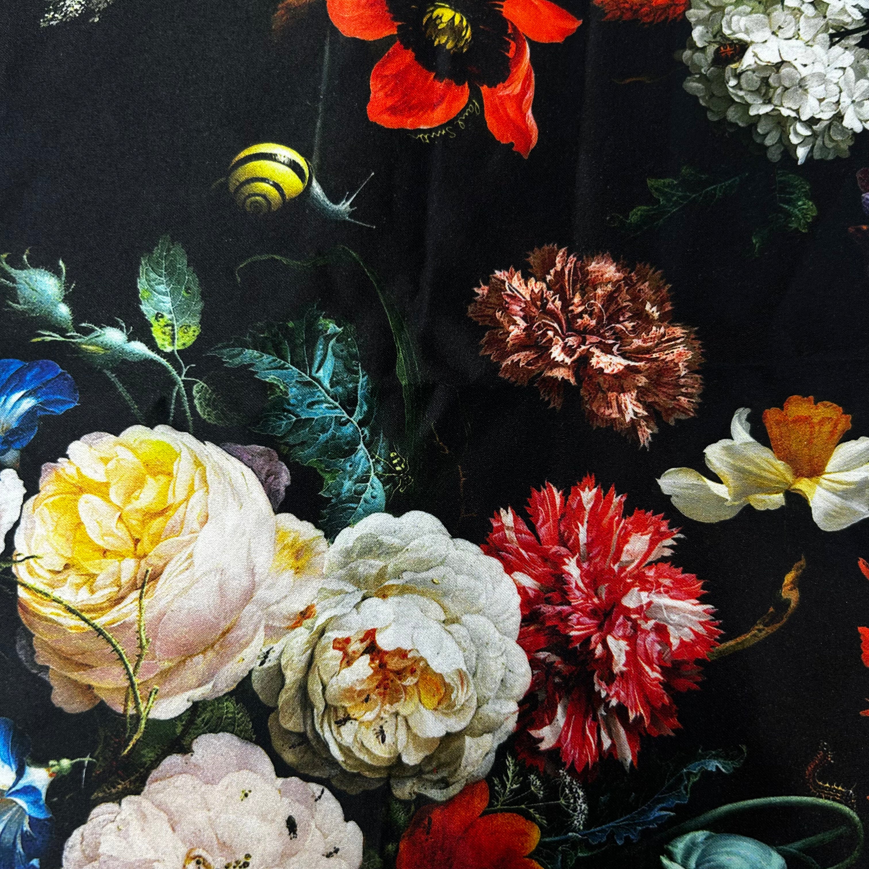 Black Floral Printed Polyester Satin Fabric | SALEXML045
