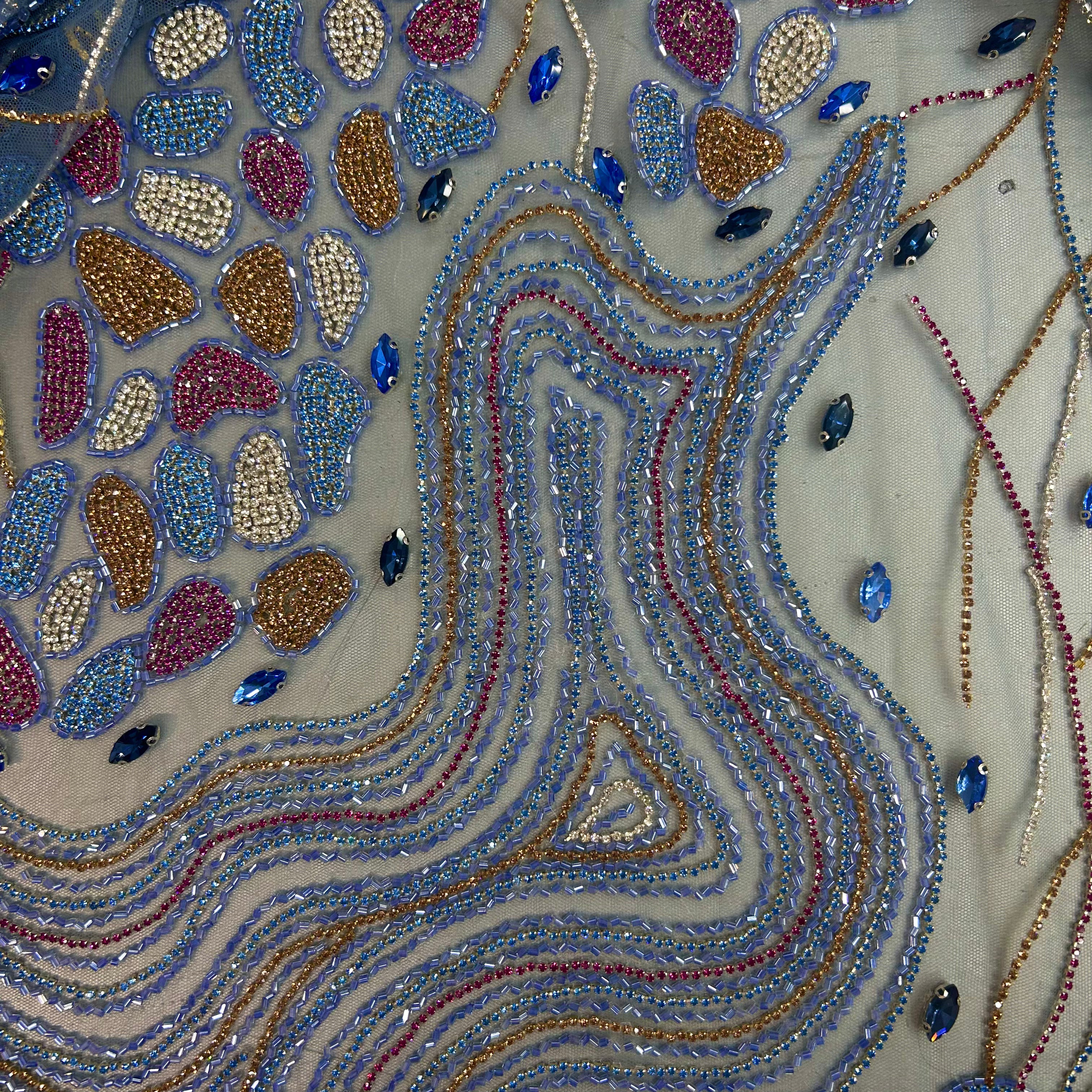 Luxury Blue Embroidered Mesh Sequin Fabric | SALEXML071