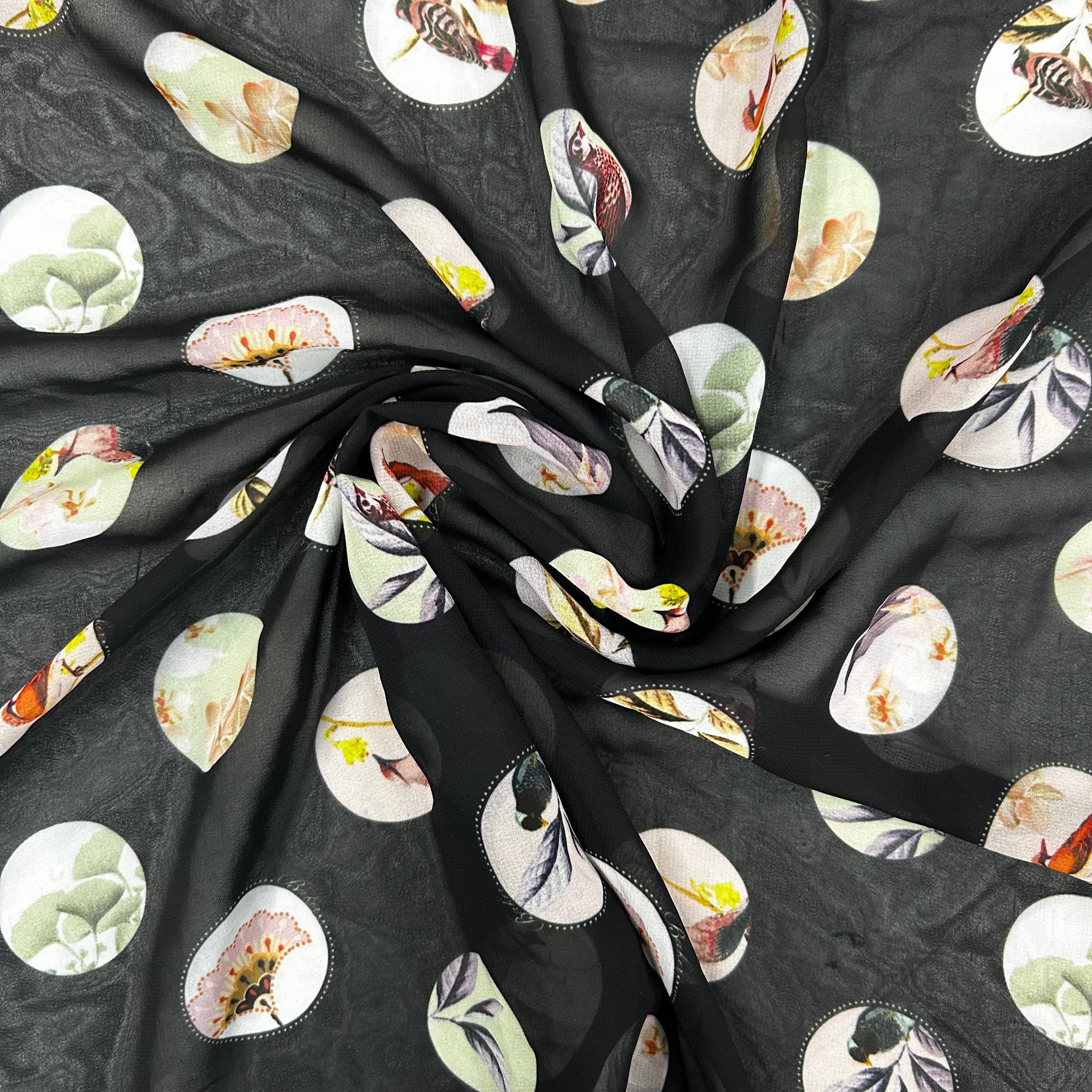 Black Printed Polyester Chiffon Fabric | SALEXML093