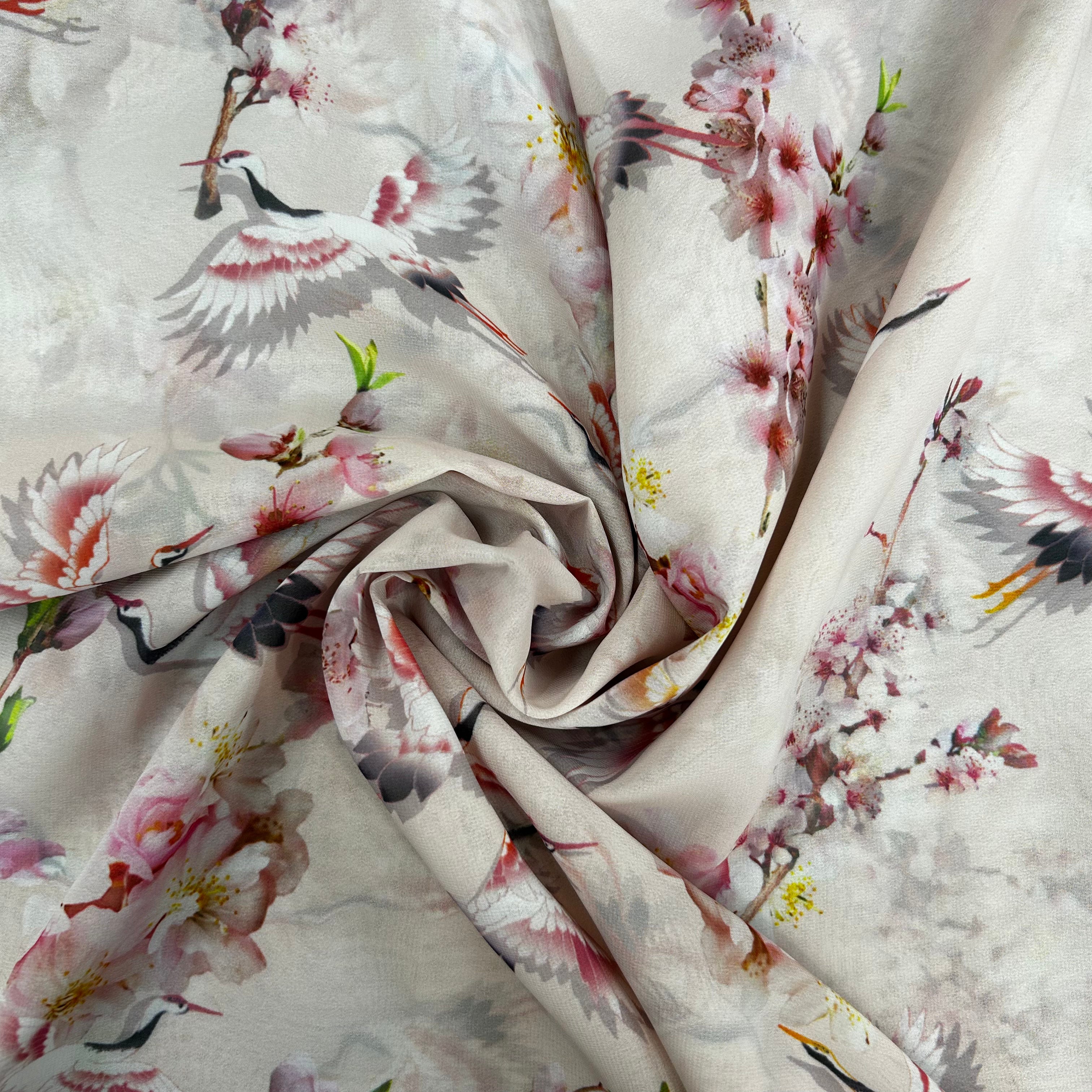 Bird Print With Floral Design Polyester Chiffon | SALEXML122