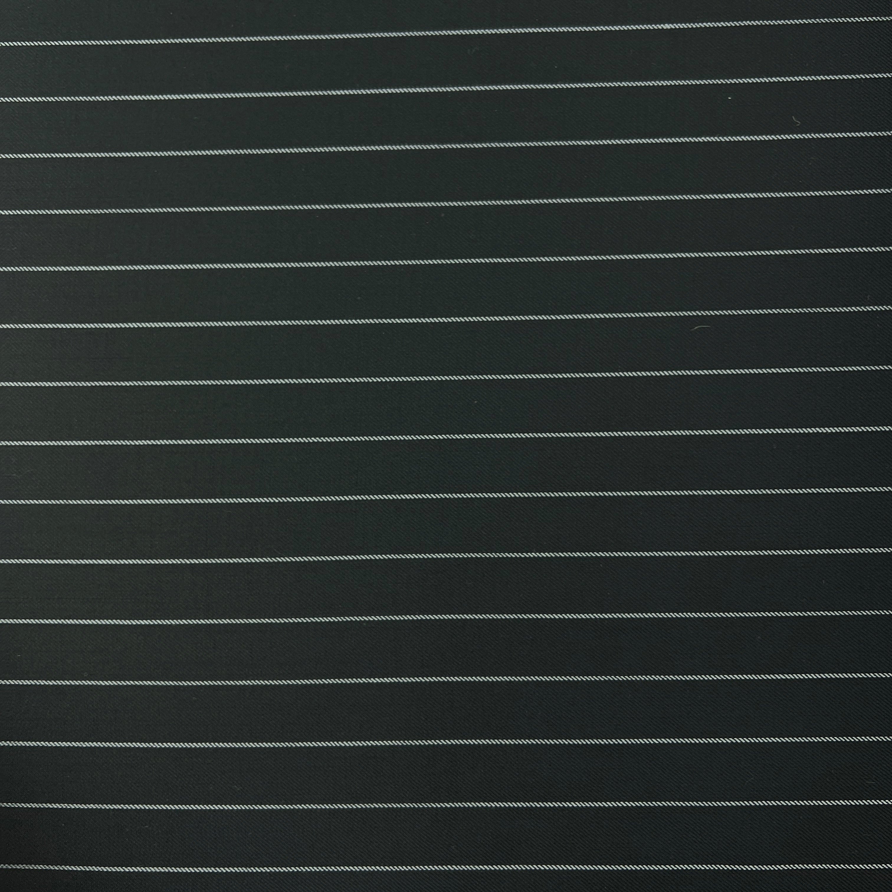 A close-up of a dark charcoal gray or black fabric with thin, evenly spaced white horizontal pinstripes.