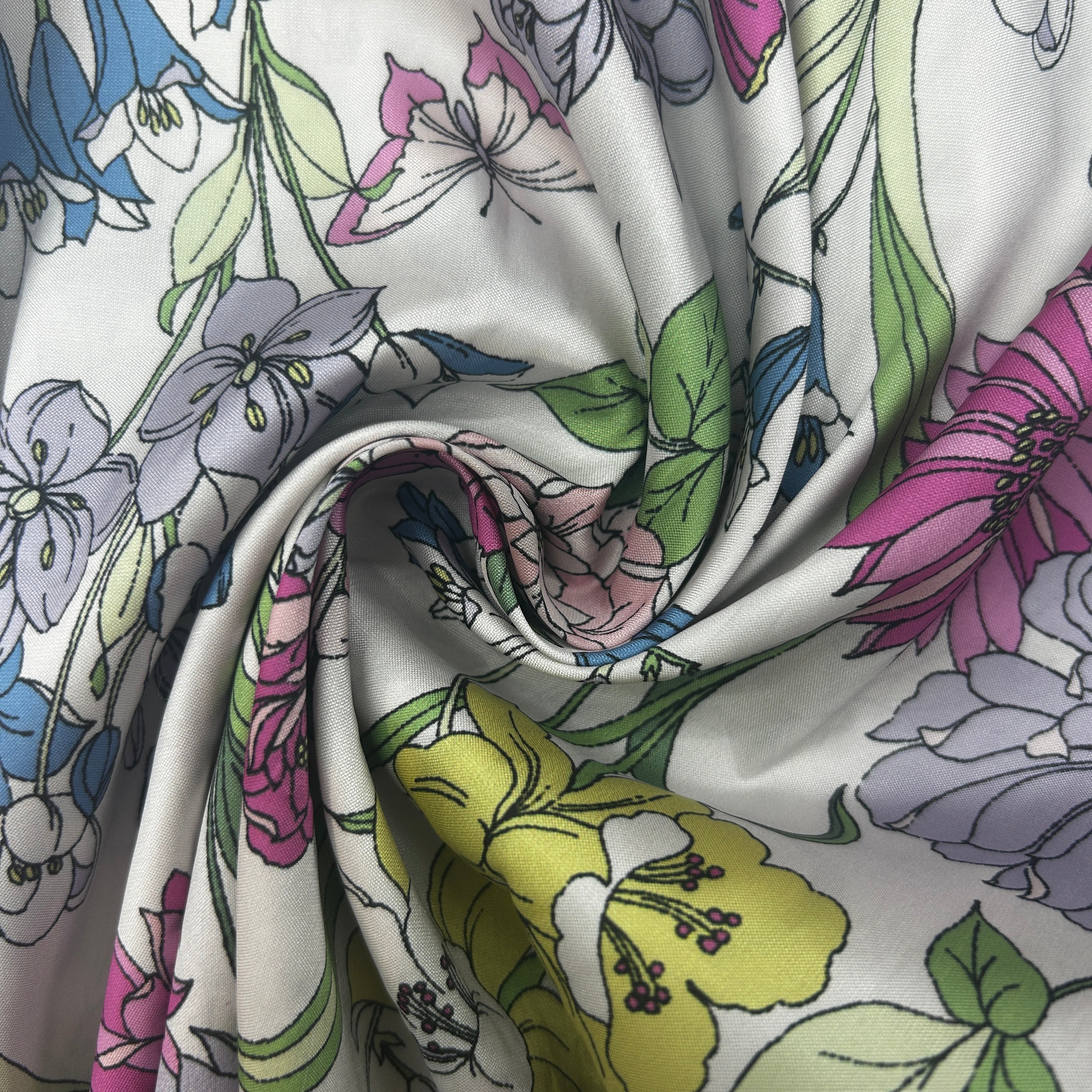 Floral fabric with colorful flowers on a white background