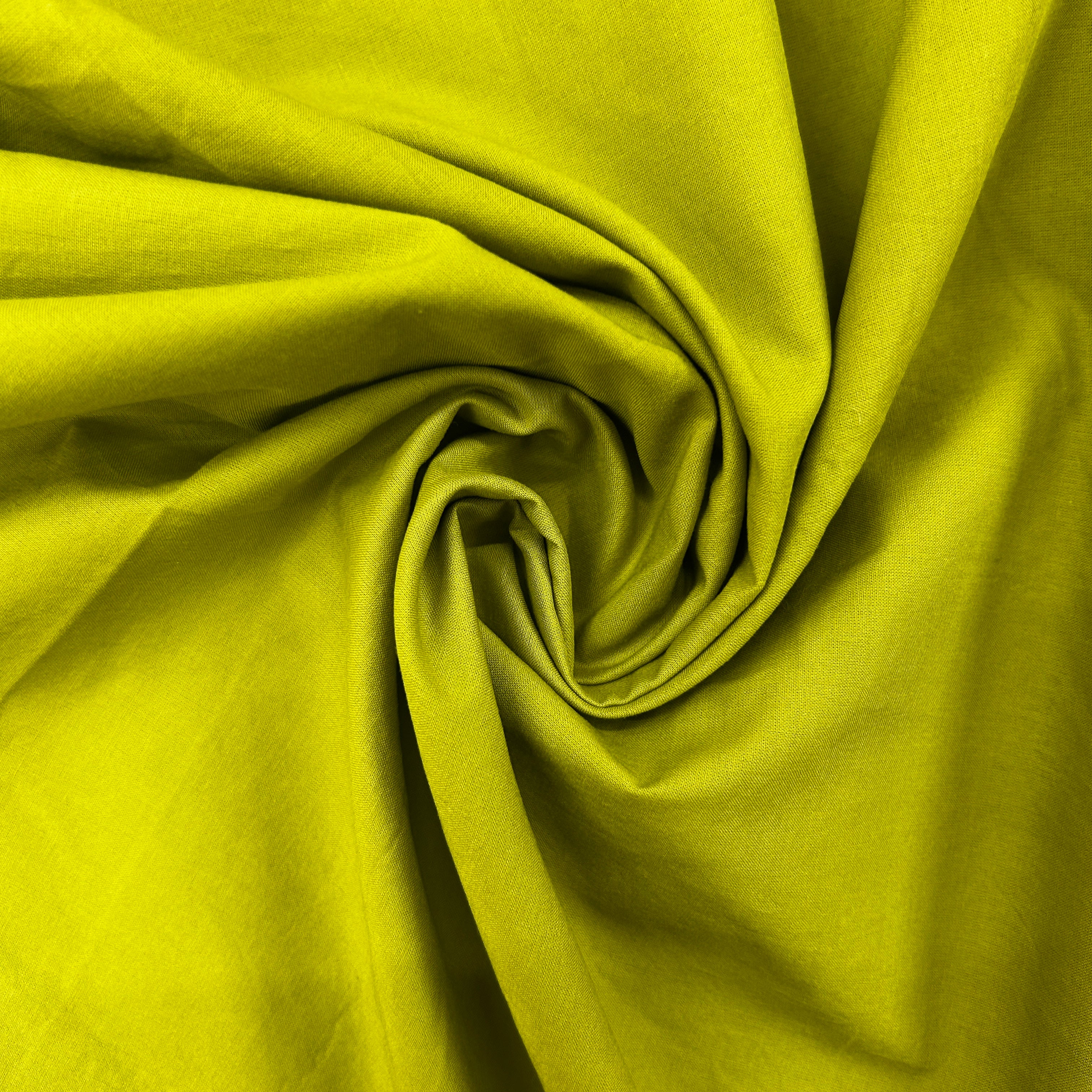 A close-up of olive green fabric arranged in a spiral drape, showing the material's texture and color.