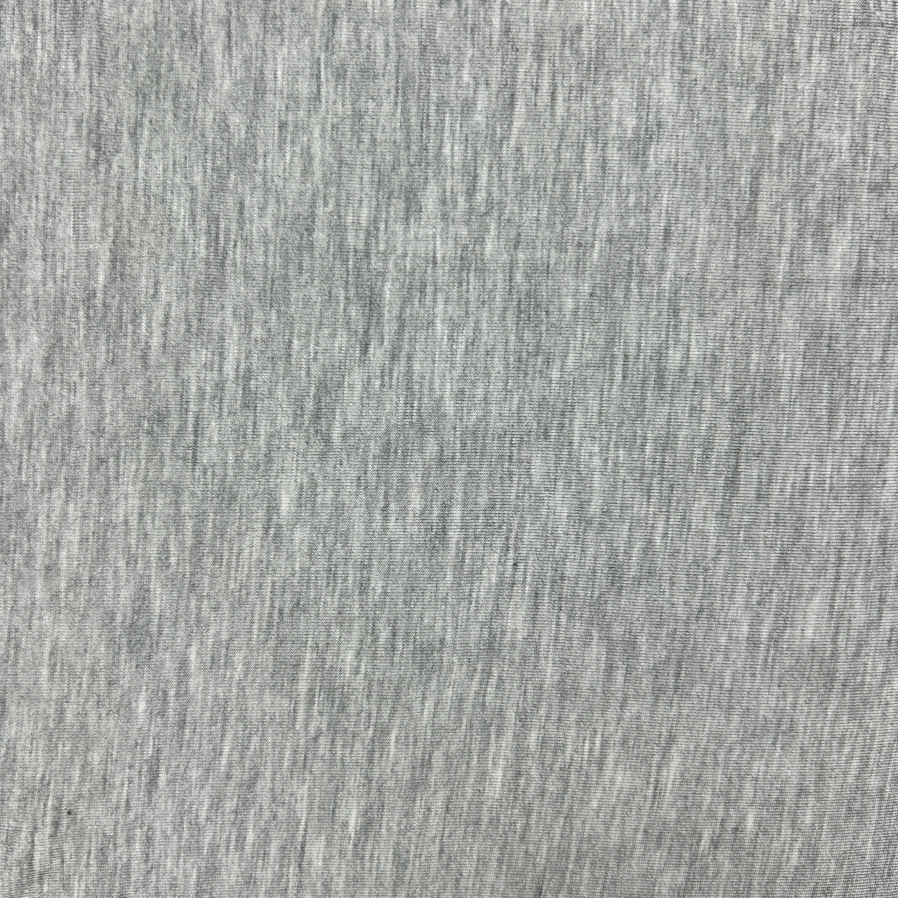 A close-up of a heather gray fabric texture with a fine, ribbed knit pattern.