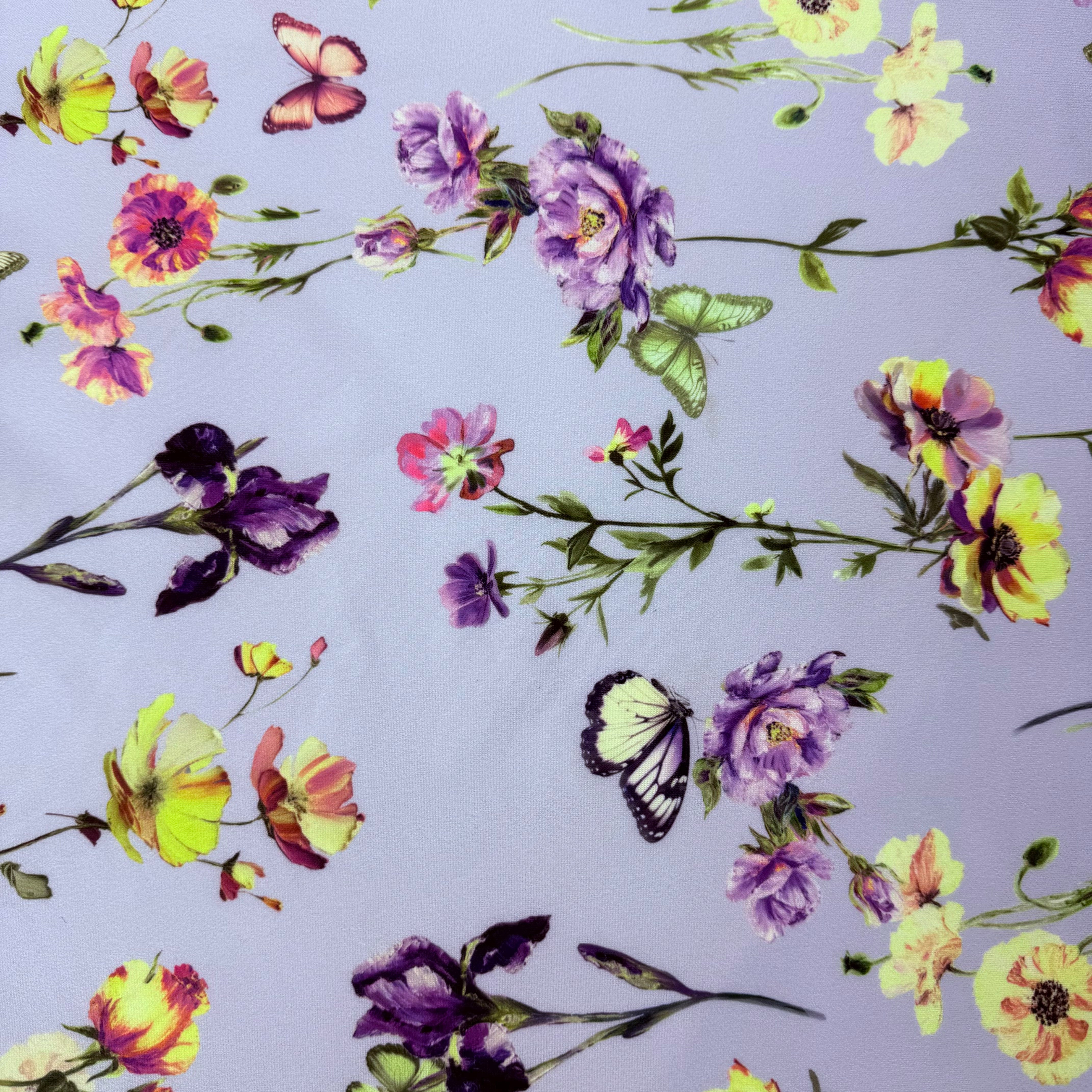 Lilac Floral Butterfly Scuba Jersey Polyester - 3.40m | SALEXM022