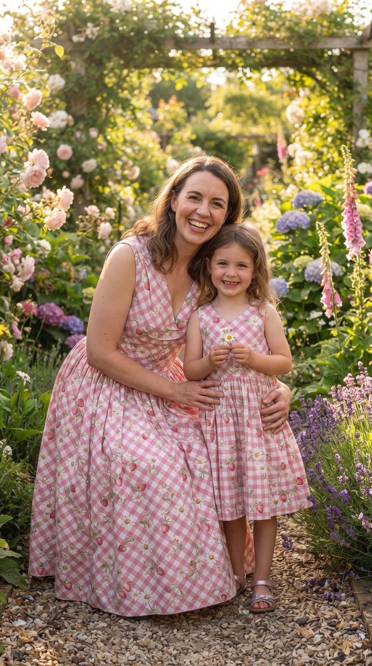 Mother and daughter wearing matching pink and white gingham dresses with flower and berry prints.