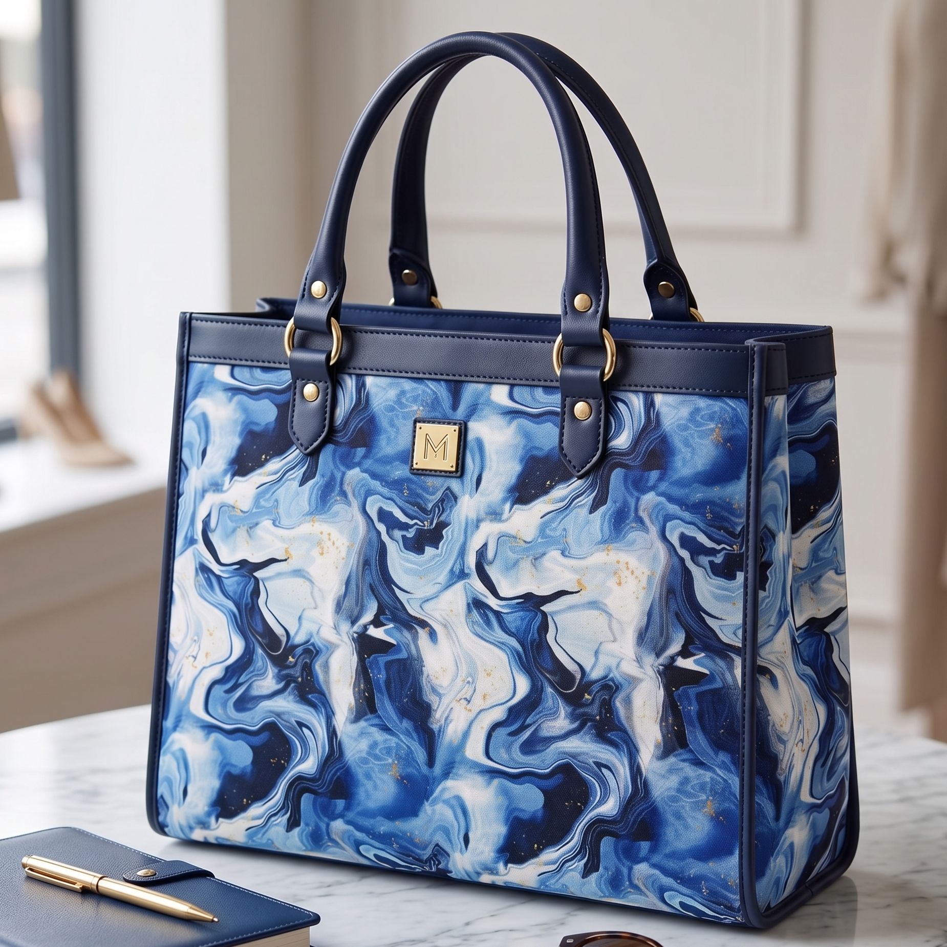 Blue marbled handbag on a marble surface with a notebook and sunglasses.