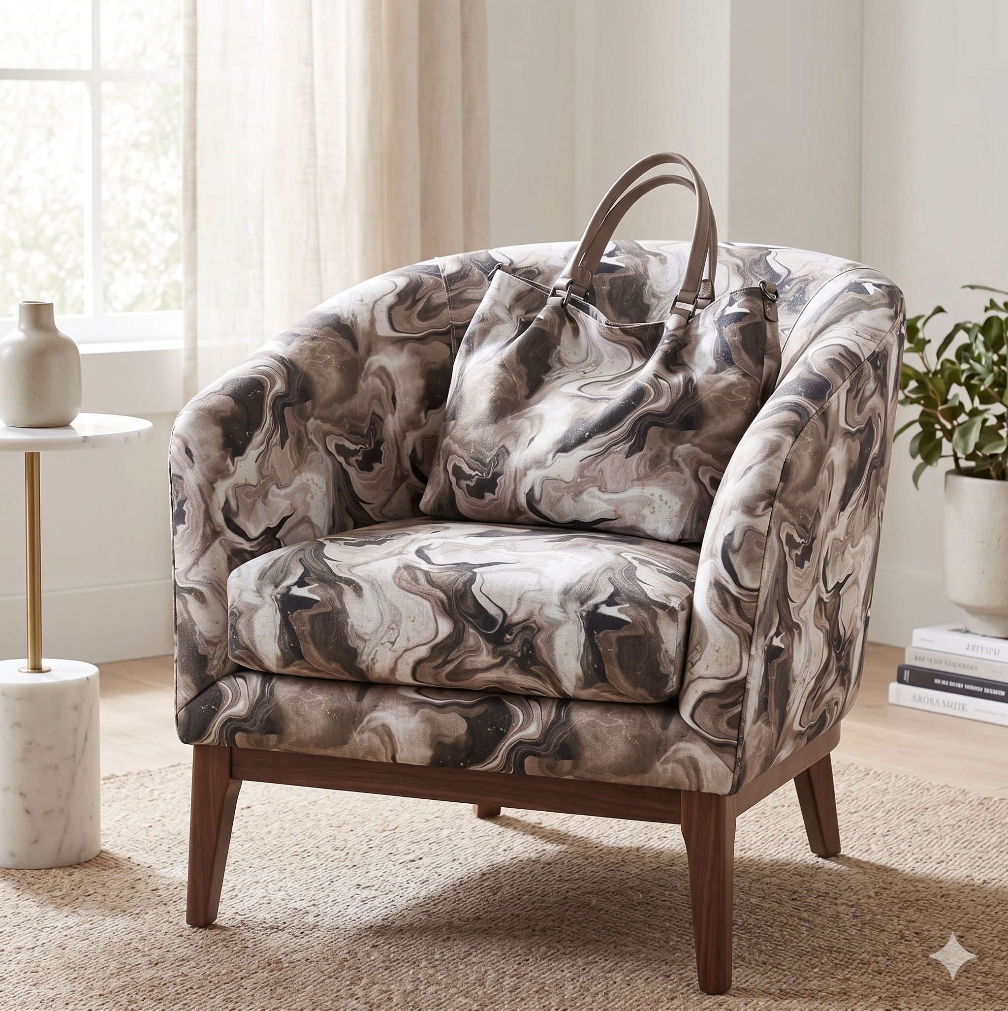 Patterned armchair in a living room setting with a side table and plant.
