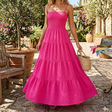 Woman in a pink dress standing outdoors with plants and a building in the background