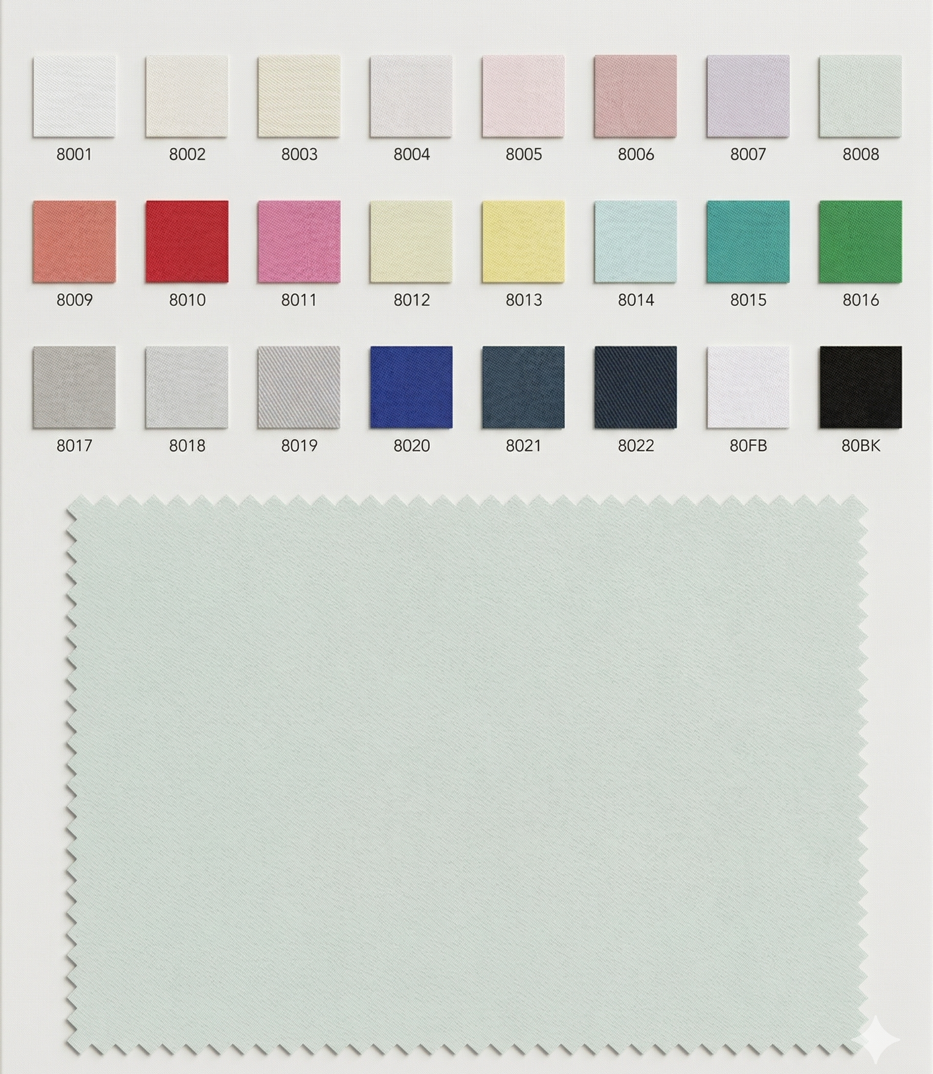Color swatch card with various fabric color samples on a white background