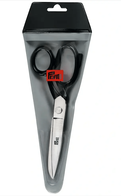 Black steel tailor's scissors with large handles in a clear plastic package.