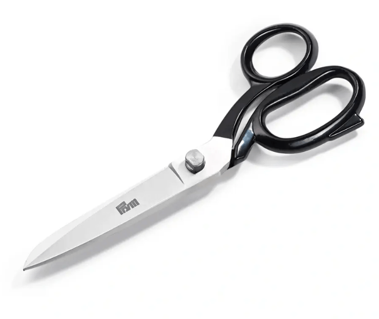 Black steel tailor's scissors with large handles and a screw connection.