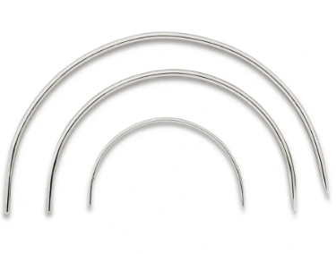 Set of three curved, hardened steel upholstery needles in sizes 2, 4, and 5.
