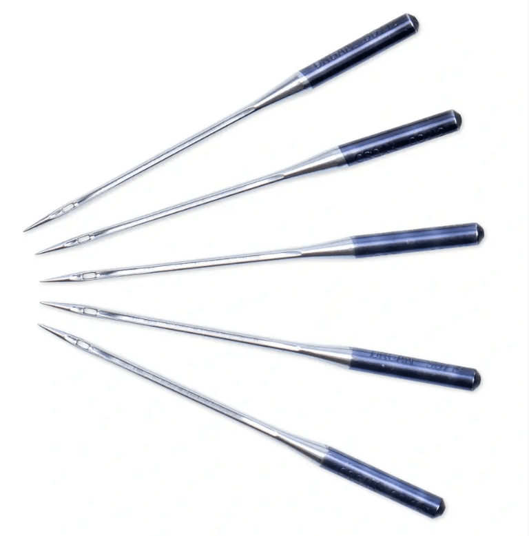 Five chrome-plated steel overlock sewing machine needles in sizes 80 and 90.