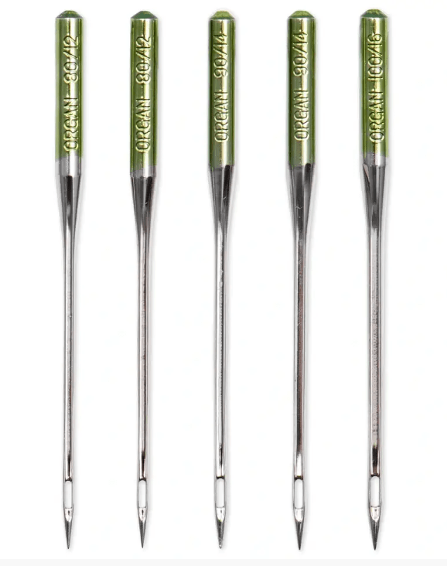 Five silver sewing machine needles with green tops, labeled with sizes 80/12, 90/14, and 100/16.