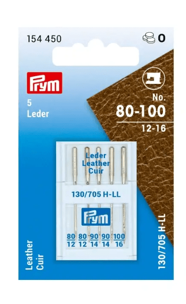 Prym leather sewing machine needles, assorted sizes 80-100.