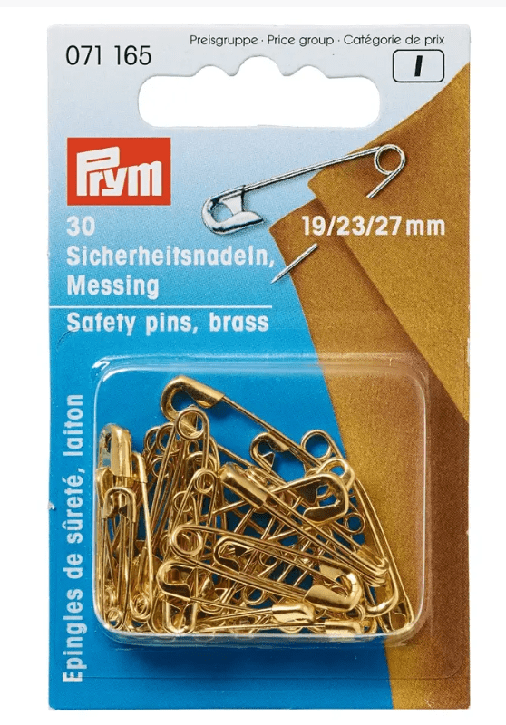 Prym brass safety pins in assorted sizes, 30 items.