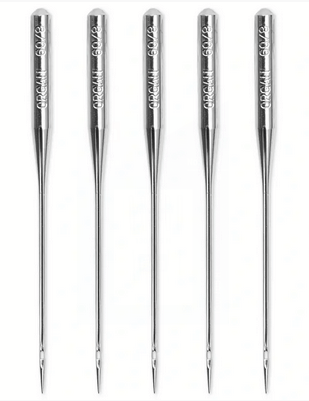 Five silver steel universal sewing machine needles, size 60.