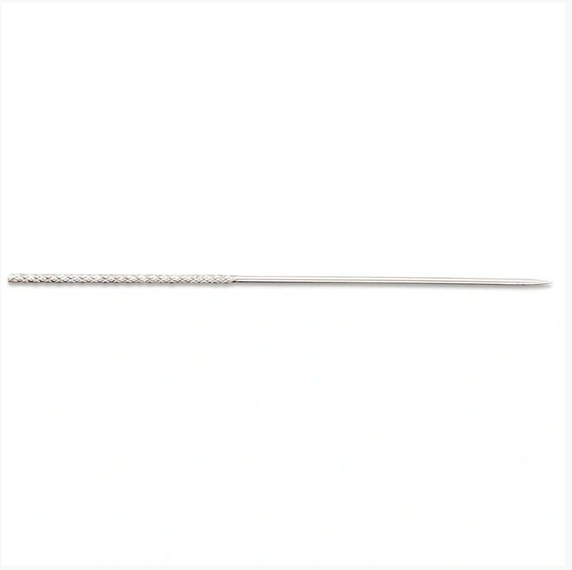 Silver hardened steel thread repair nail with a ribbed end.