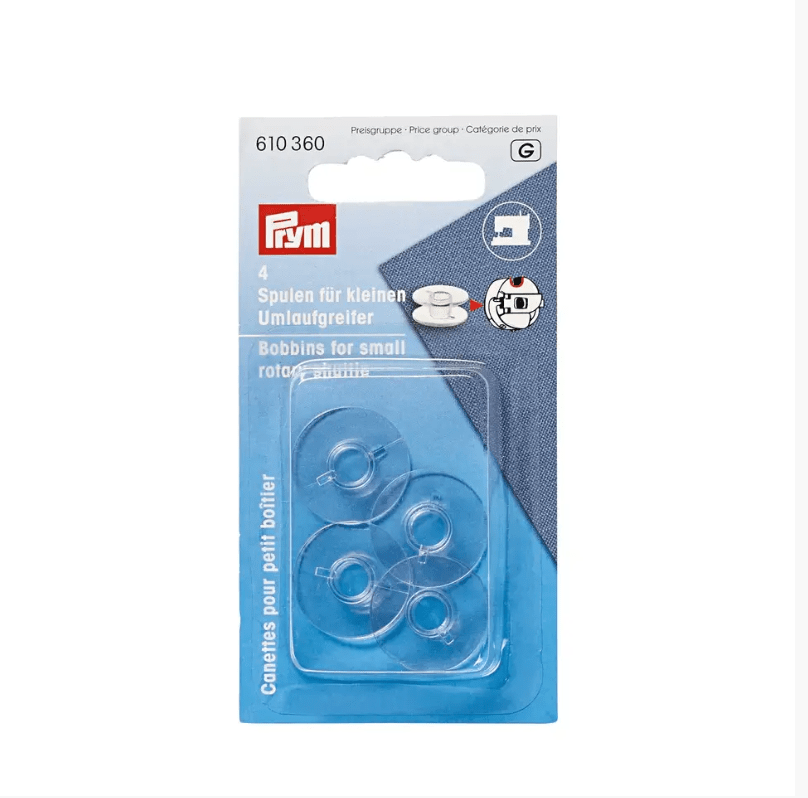 Prym transparent plastic sewing machine bobbins for rotary hooks.