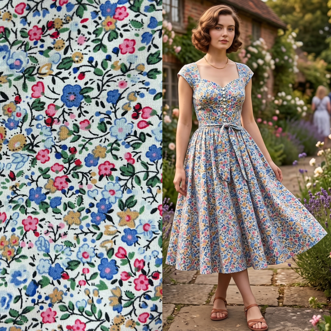 Floral fabric swatch and a woman wearing a floral dress in a garden setting.