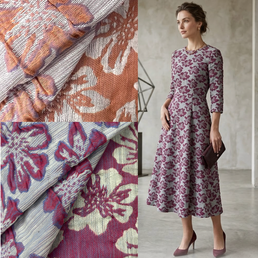 Woman wearing a floral dress with fabric swatches showing similar patterns.