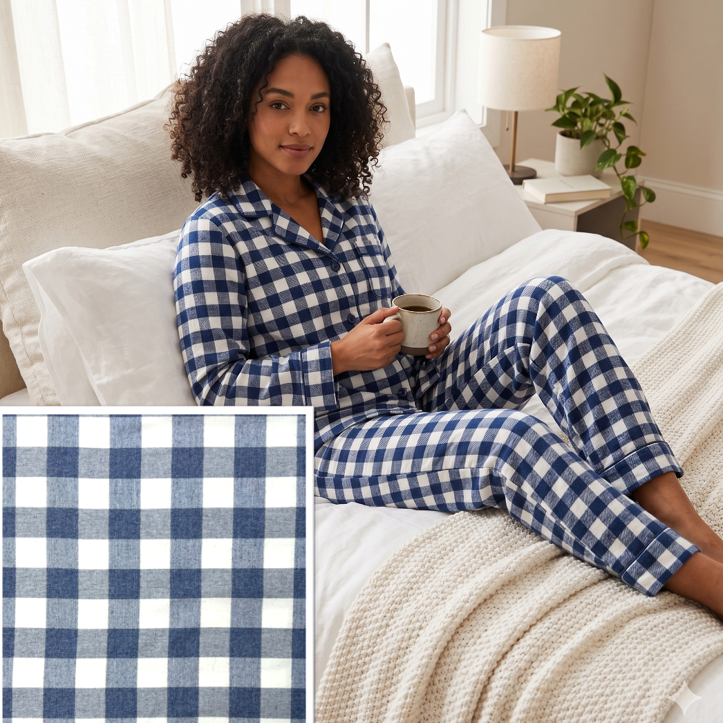Woman wearing blue and white checkered pajamas sitting on a couch holding a mug.