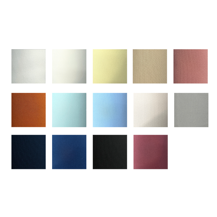 A color swatch grid showing 15 different color options arranged in three rows, including neutrals, blues, reds, and dark tones, on a white background.