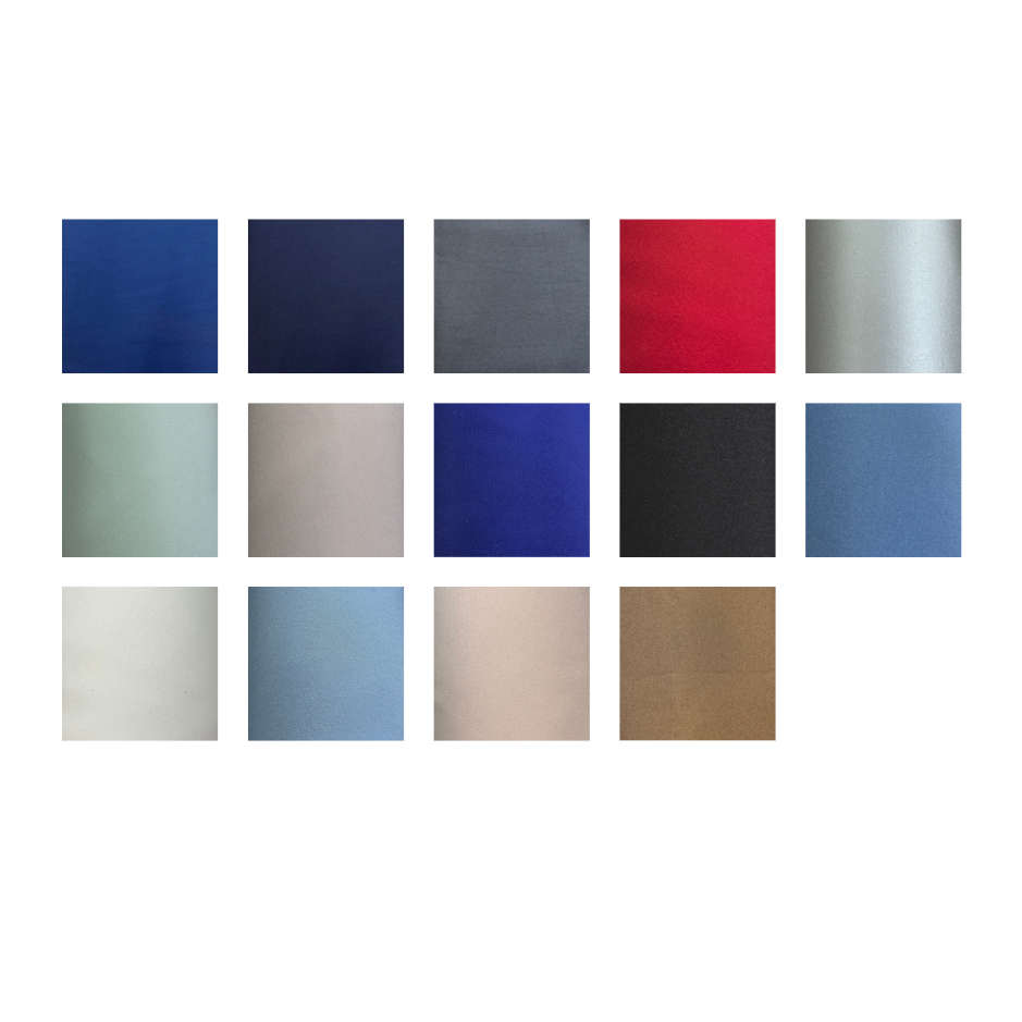A color swatch grid showing 15 different fabric or material swatches in various colors, arranged in three rows on a white background with a thin purple border.