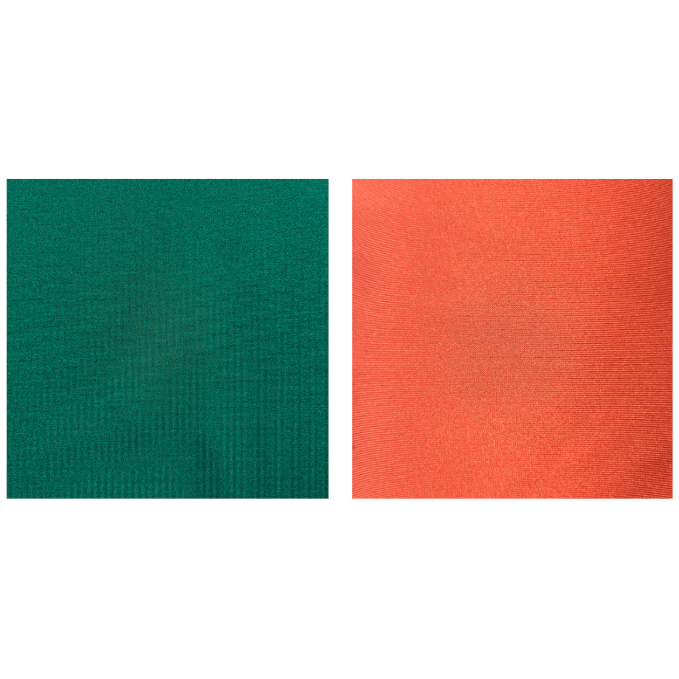 A digital presentation slide showing two square color swatches side-by-side: one dark green and one orange-red, set against a white slide background with a purple border.