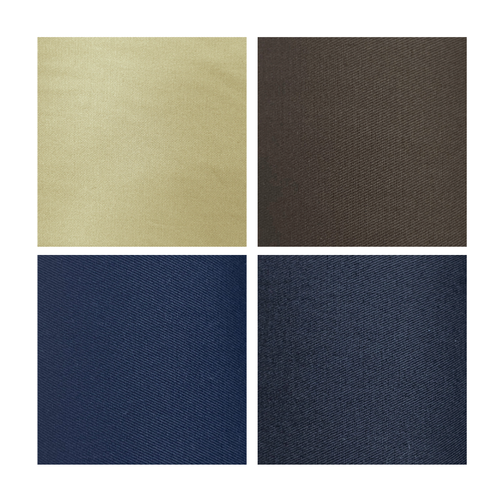 Four swatches of Bronte stretch cotton twill fabric in beige, dark brown, navy, and dark navy.