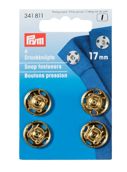 Pack of four gold-colored snap fasteners with brass construction.