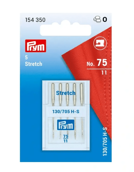 Pack of 5 silver-colored stretch sewing machine needles.