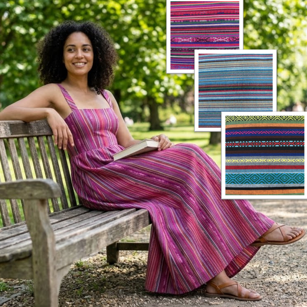 Woman in a striped dress sitting on a bench with fabric swatches inset.
