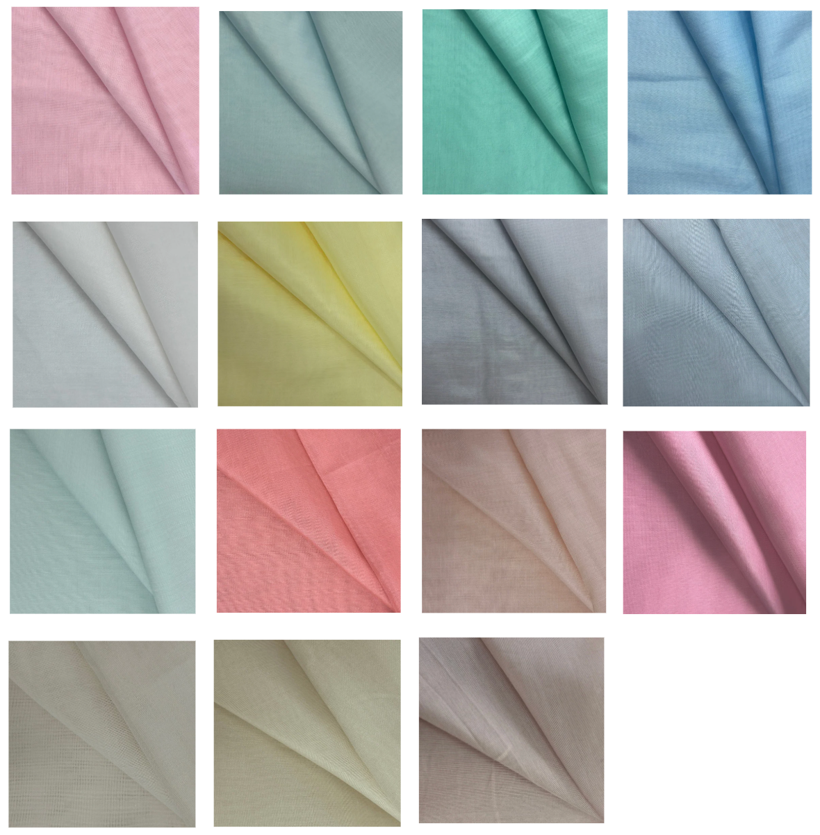 Grid of cotton silk blend lightweight dress fabrics in various pastel colors.