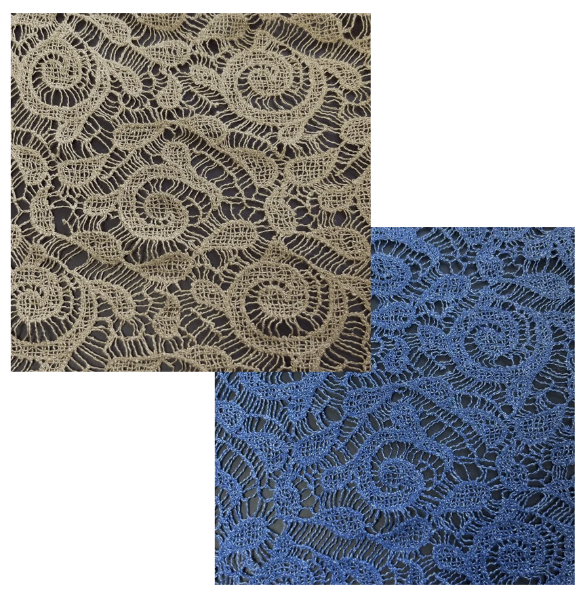 Dark blue and camel embroidered textured fabric with intricate spiral floral patterns.